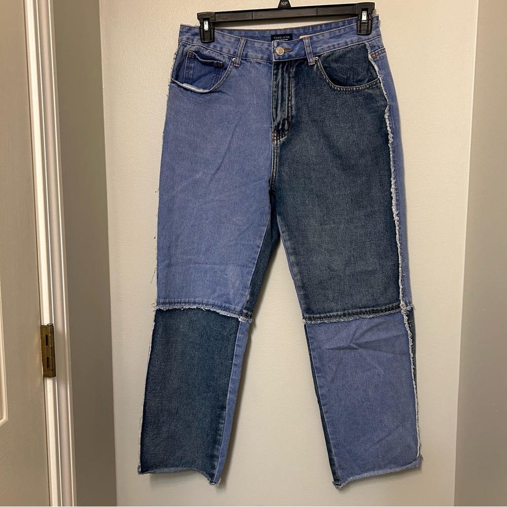 The Angel Kiss patchwork colorblock high waisted denim Straight‎ Leg Jeans 11/30